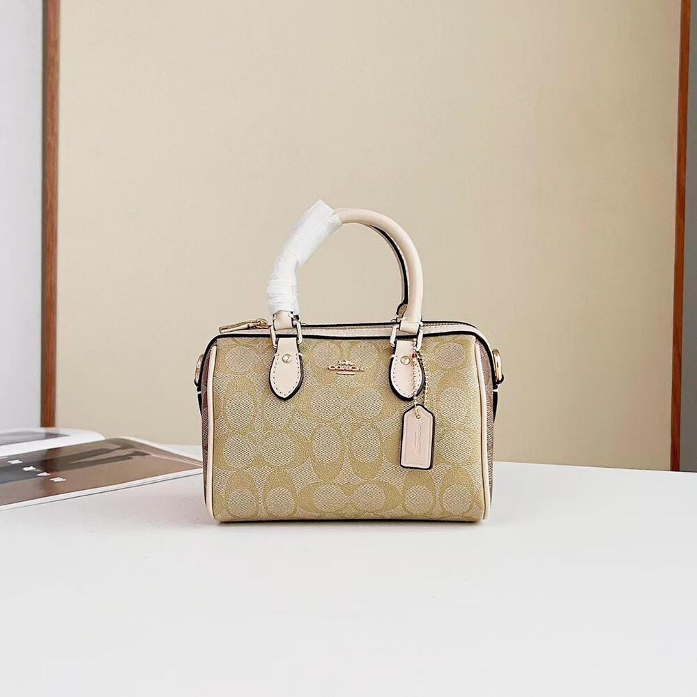 Coach Light Khaki Signature Mini Rowan Boston Handbag